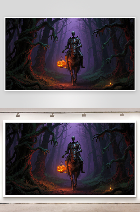 幽暗森林中的骑士与南瓜灯-众图网