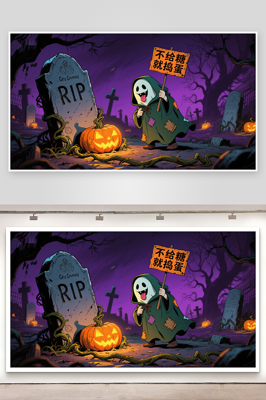 万圣节墓地中的小幽灵-众图网