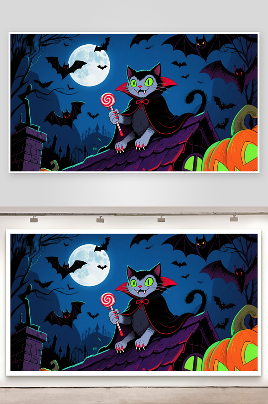 万圣夜屋顶上的吸血鬼猫-众图网