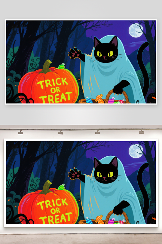 万圣节黑猫装扮幽灵手持糖果篮-众图网