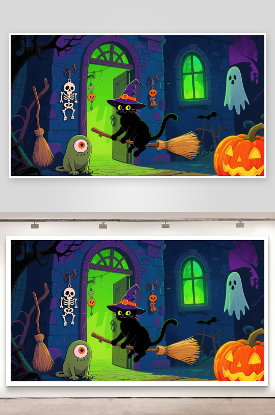 万圣节夜猫骑扫帚-众图网