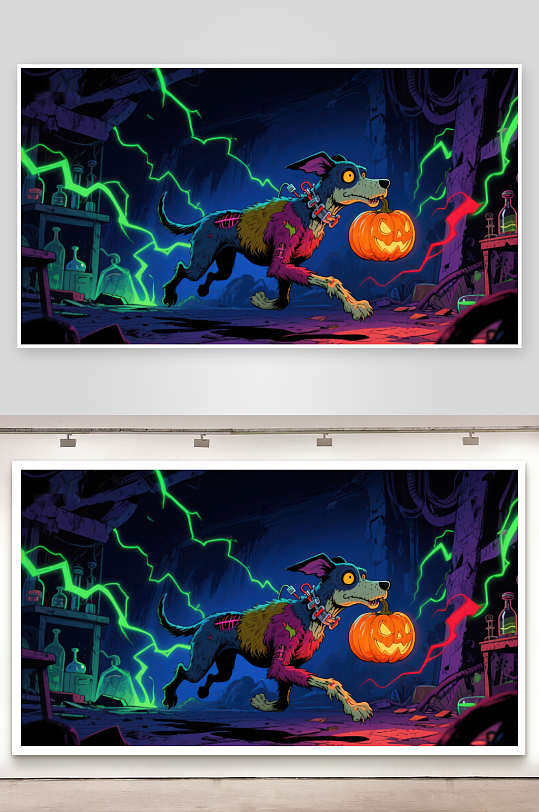 闪电环绕的幽灵犬手持南瓜灯-众图网