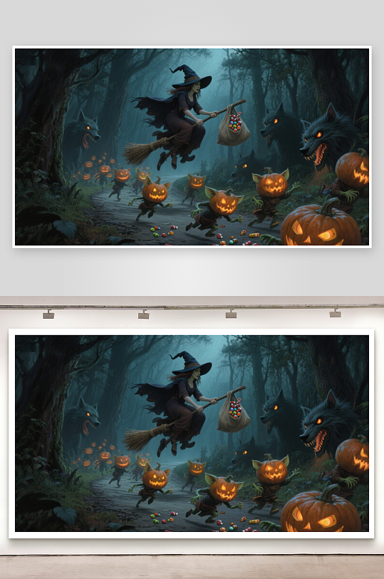 巫师夜行南瓜灯照亮神秘森林-众图网