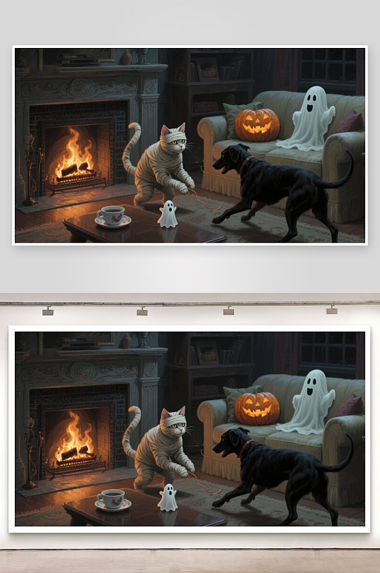 万圣夜室内宠物与幽灵互动-众图网