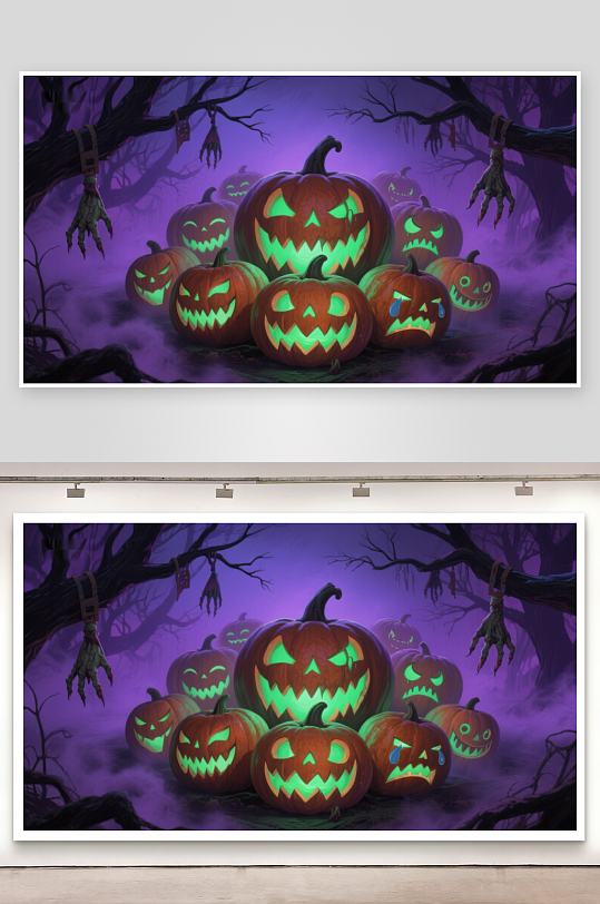 万圣节南瓜灯在神秘森林中发光-众图网