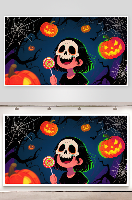 万圣节女孩与糖果骷髅面具-众图网