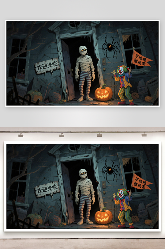 万圣节夜小丑与木乃伊门前互动-众图网