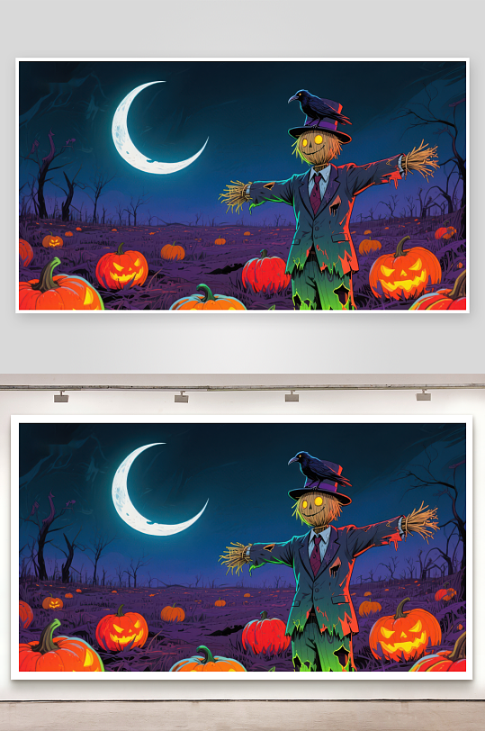 月夜下的南瓜田与稻草人-众图网