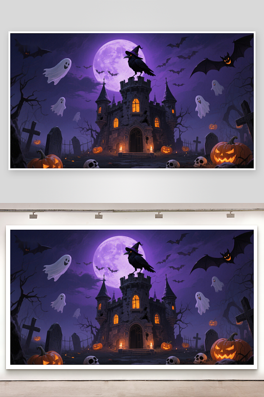 万圣节夜景幽灵城堡与满月-众图网