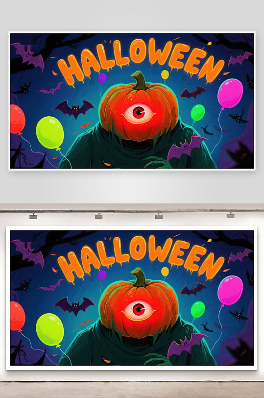 万圣节南瓜怪兽夜景插画-众图网