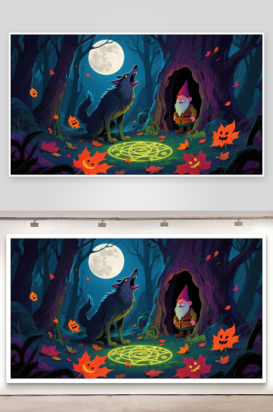 月夜森林中的狼人与小矮人-众图网