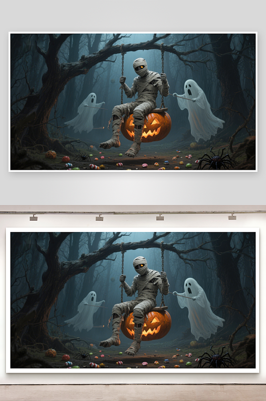 万圣节森林中的木乃伊与幽灵-众图网