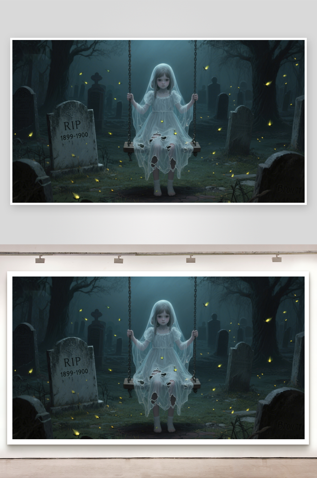 幽灵少女在墓地秋千上素材