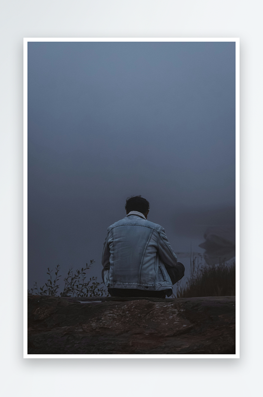 一人静坐岩石眺望雾中湖景-众图网