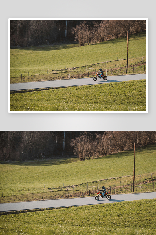 一人骑摩托车行驶在乡间公路-众图网