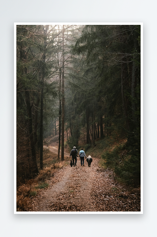 三人带狗林间小径行走-众图网