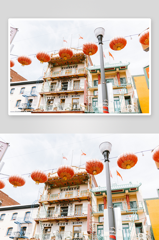 中式建筑前悬挂红灯笼-众图网