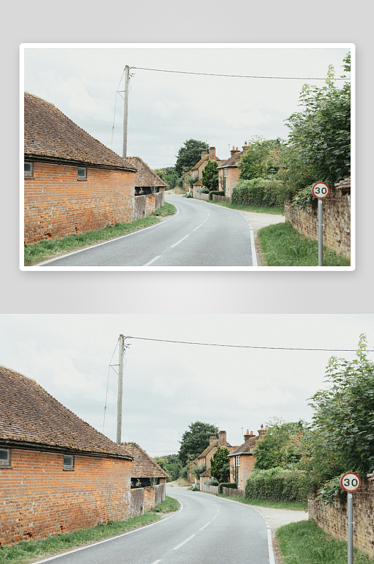 乡村小路旁的砖房与绿植-众图网