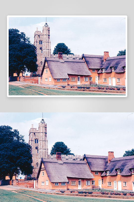 乡村教堂与茅草屋建筑群-众图网