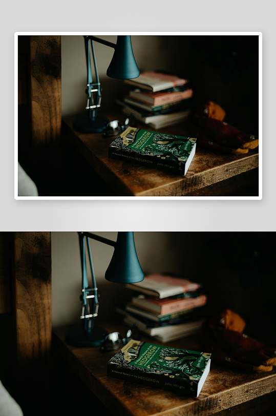 书桌上的书籍与台灯-众图网