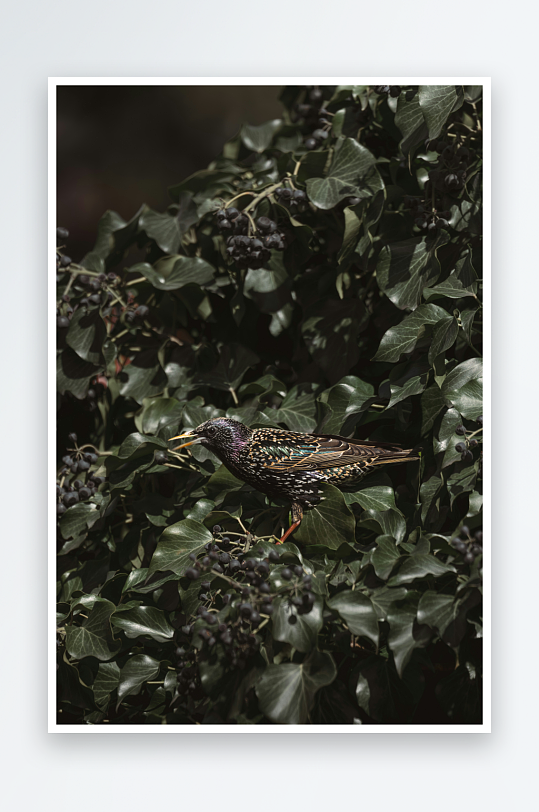 八哥鸟栖息于灌木丛中-众图网