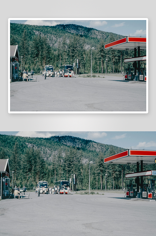 加油站旁的山林公路场景-众图网