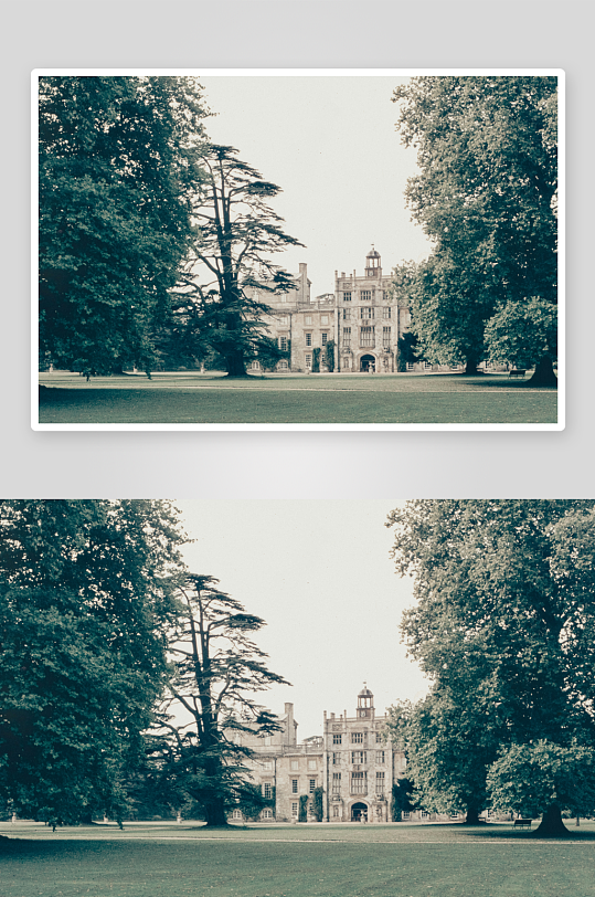 古典建筑与绿树环绕的庭院-众图网