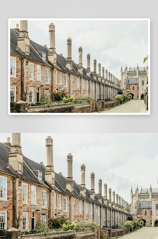 古典建筑长廊与教堂远景-众图网