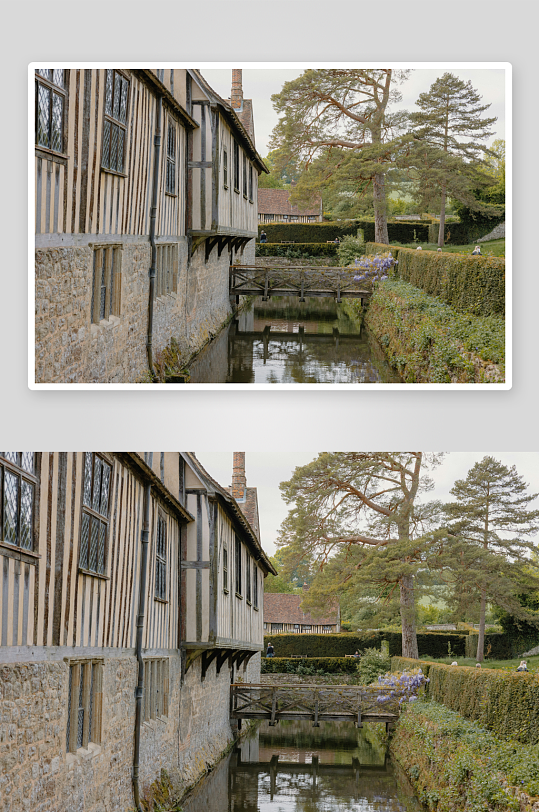 古建筑旁的静谧水道-众图网