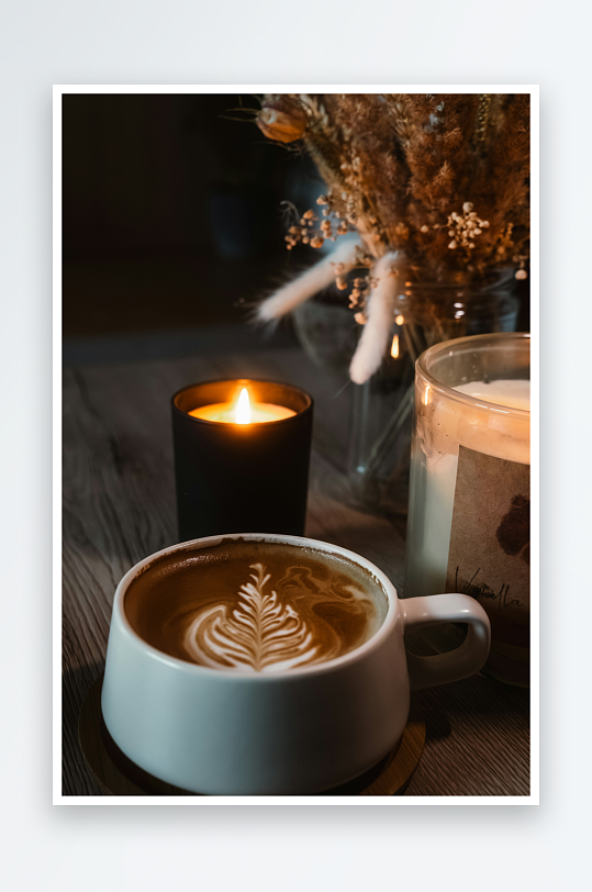 咖啡拉花与烛光静物-众图网