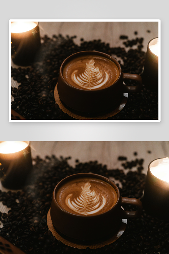 咖啡拉花艺术与豆粒环绕-众图网