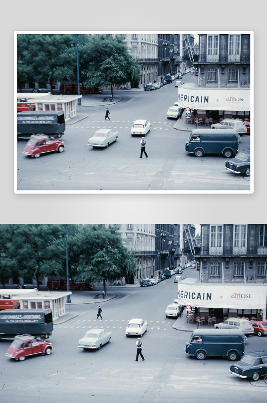 城市街景中的复古车辆与行人-众图网