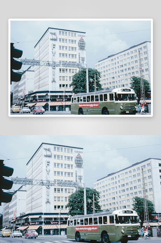 城市街道上的复古公交车-众图网