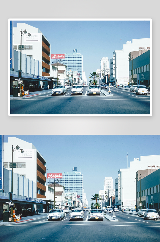 城市街道上的复古汽车行驶场景-众图网