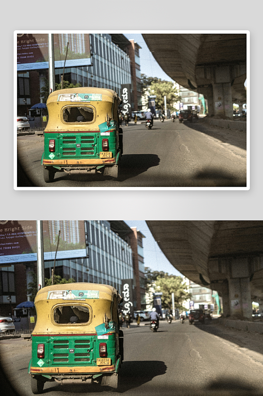 城市街道上的绿色三轮车-众图网