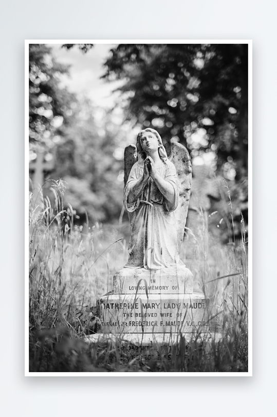 墓地天使雕像黑白影像-众图网