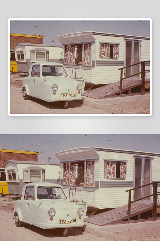 复古小车停在移动房屋前-众图网