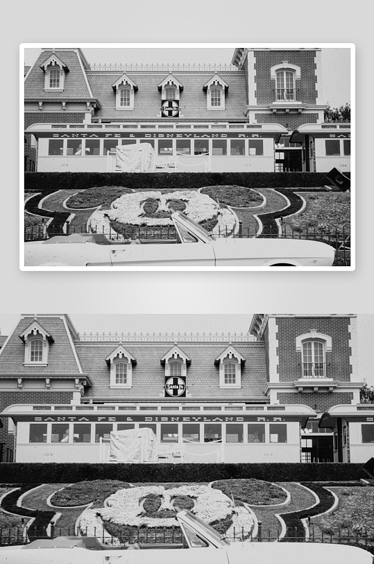 复古建筑前的花坛与汽车-众图网