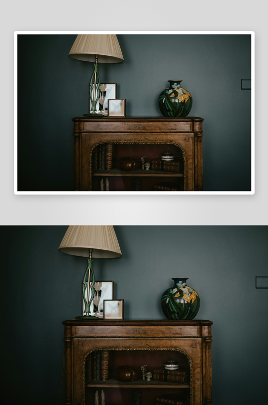 复古木柜上的装饰摆件-众图网