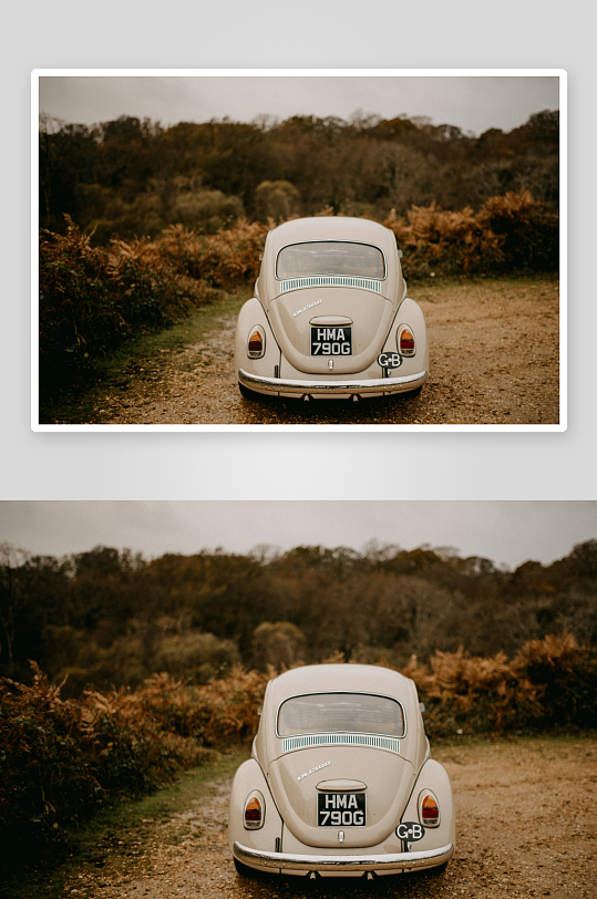 复古汽车停在林间小路-众图网