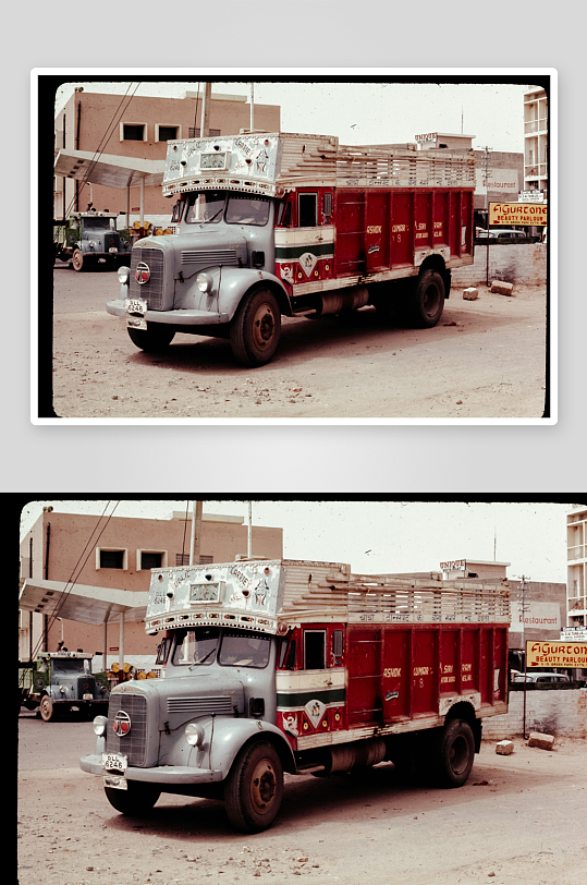 复古红色货车停在街道旁-众图网