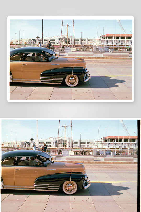 复古轿车停靠码头旁-众图网