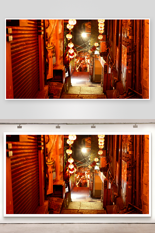 夜晚灯火通明的狭窄巷道-众图网