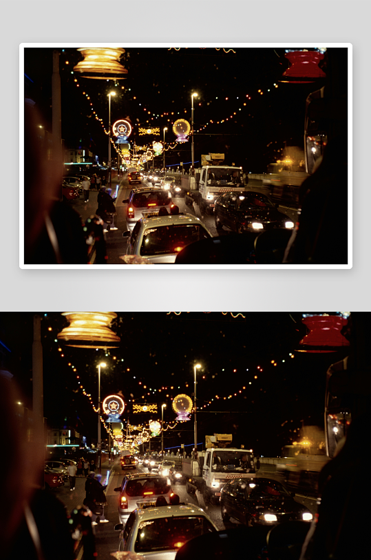 夜晚街道节日灯光与车流-众图网