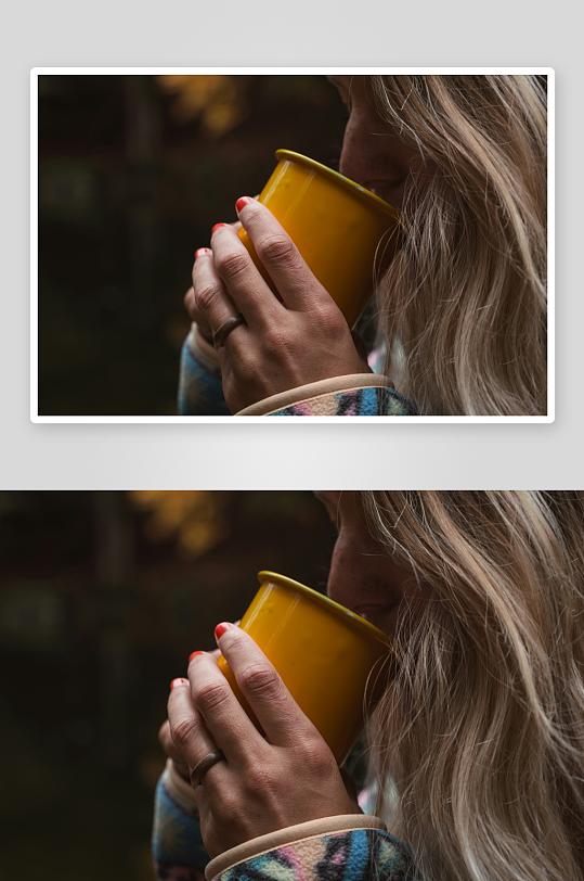 女子手持黄色杯子饮茶-众图网