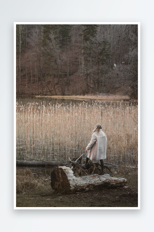 女子湖畔芦苇丛中行走-众图网