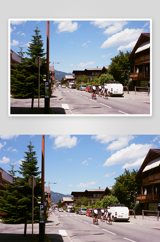 小镇街道上的骑行者-众图网