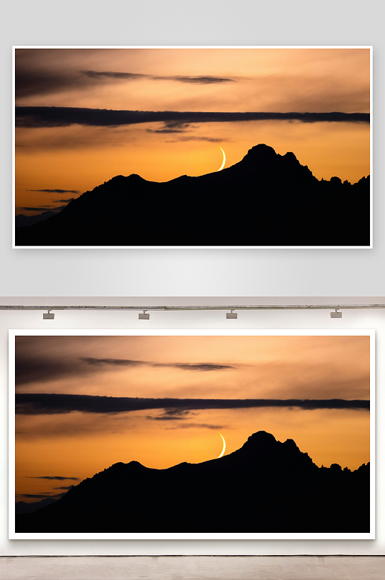 山峦剪影与新月日落-众图网
