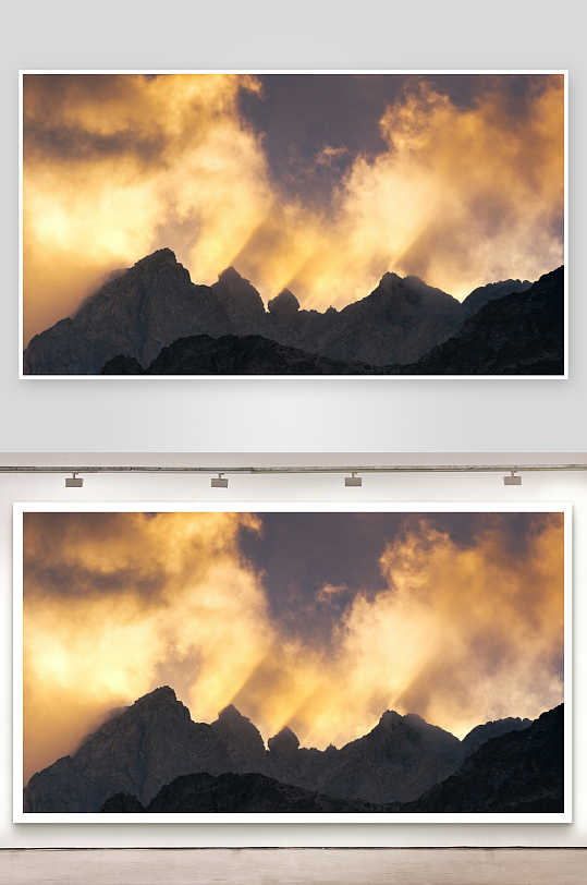 山峰剪影与金色云霞-众图网