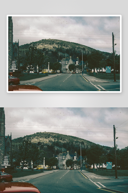 山脚下的城镇街道景象-众图网